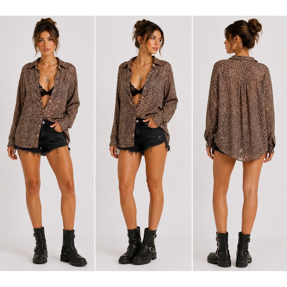 Forever 21 Leopard Print‎ Button Down Shirt Women's Size M Sheer Lightweight Y2